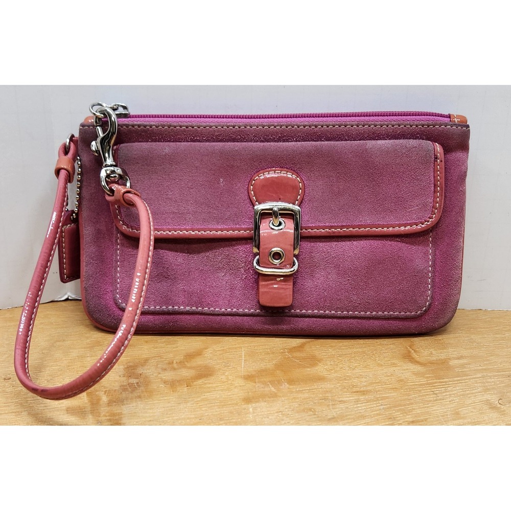 Coach Purple Suede Pink Patent Leather Buckle Wristlet Pouch Y2K Bag